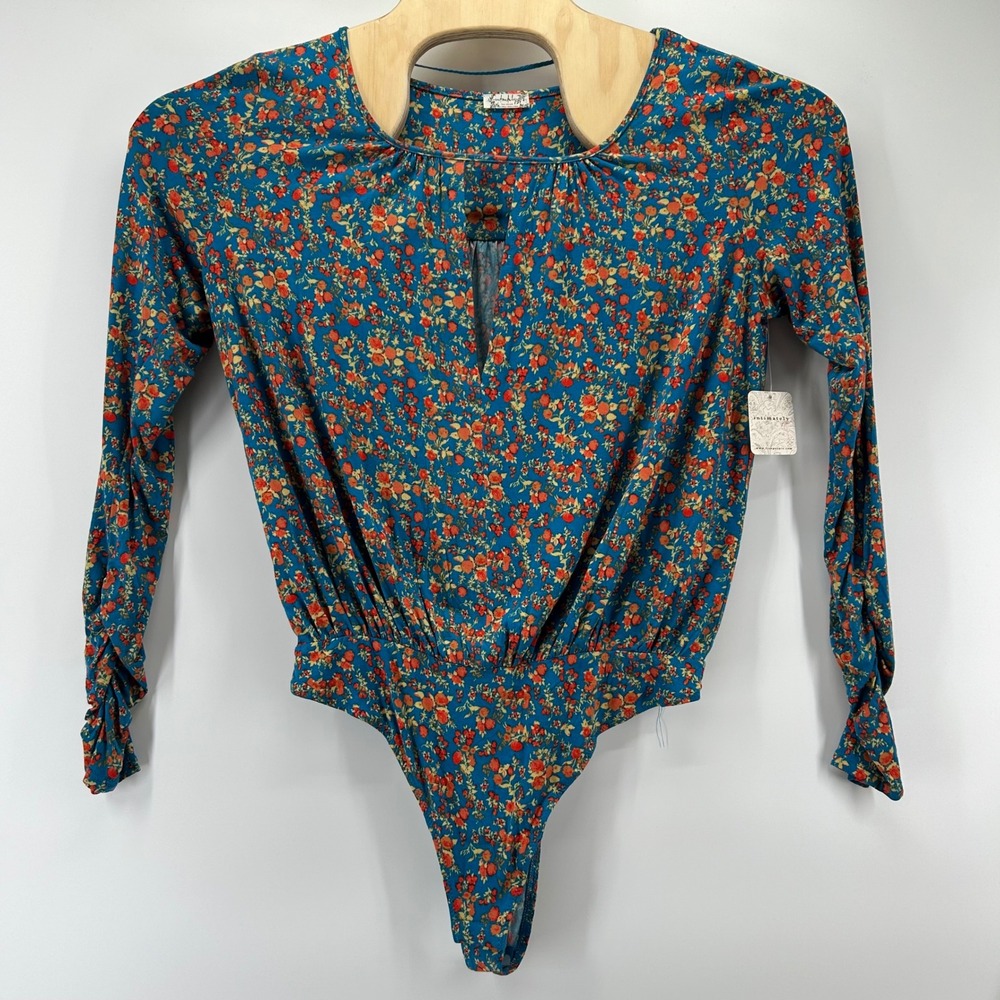 Intimately Free People Bodysuit Women Large Turquoise Floral Long Sleeve NWT